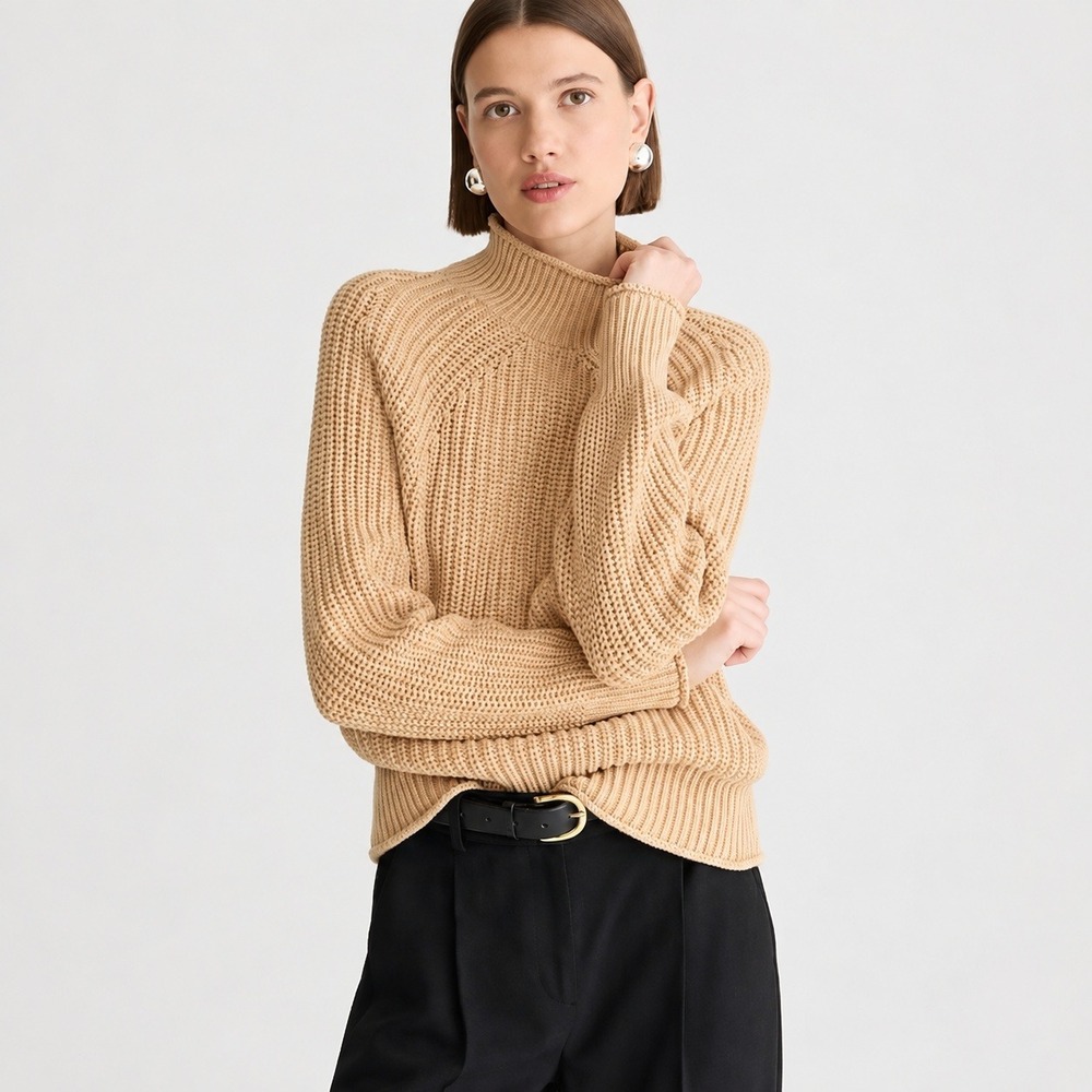 J.Crew | Relaxed Rollneck 100% Cotton Chunky Knit Sweater in Tan | Large